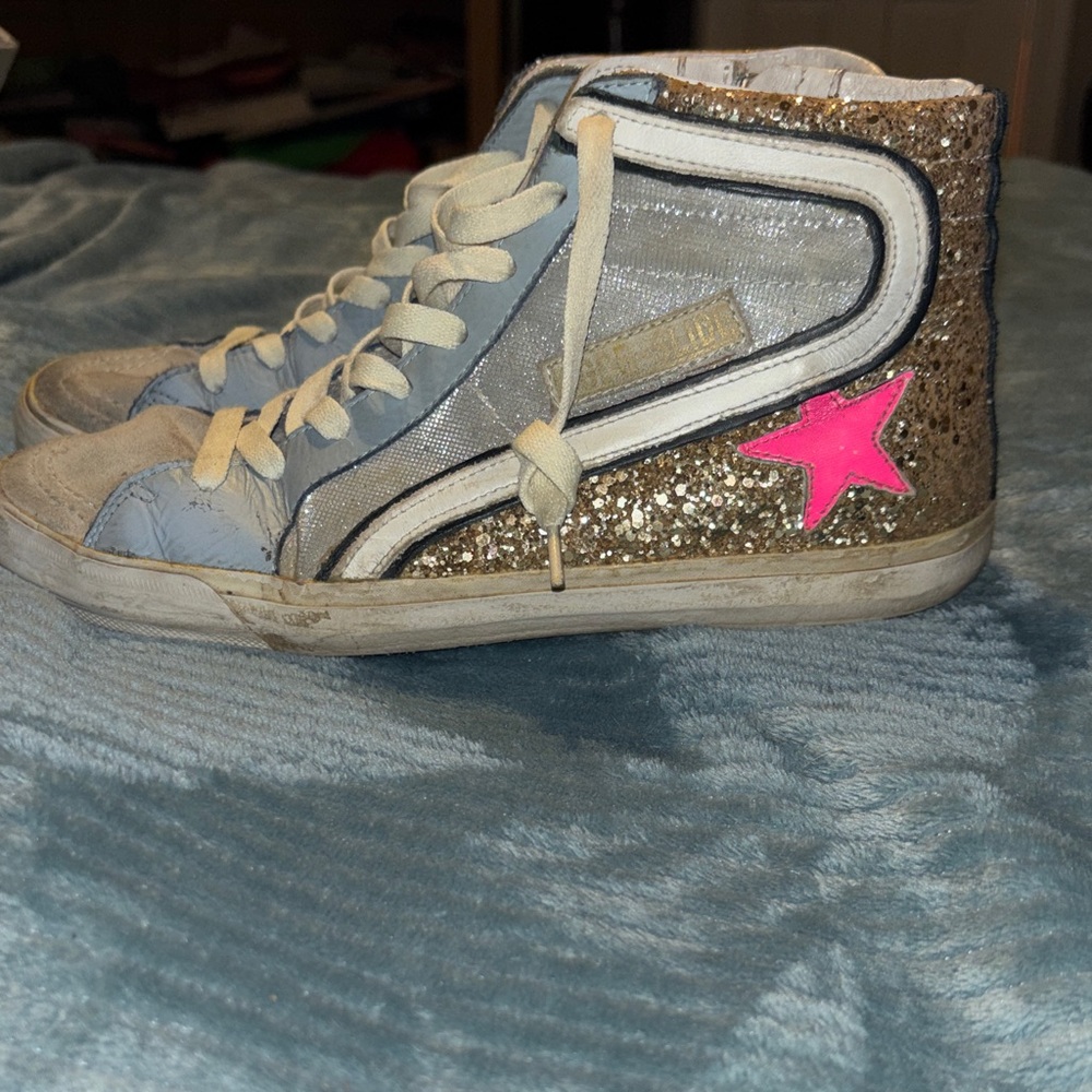Golden Goose Gold and Pink Slide Sneakers